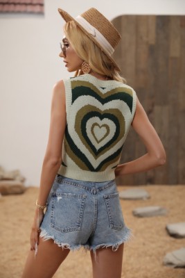 Women Spring Green O-Neck Heart Knit Tank Tops