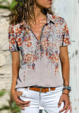 Women Summer Printed Bohemia Turn-down Collar Short Sleeves T-Shirt