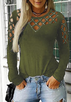 Women Spring Green Sexy O-Neck Long Sleeve Solid Hollow Out T-Shirt