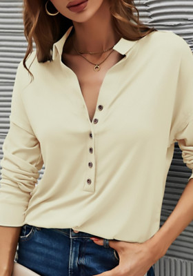 Women Spring Khaki Formal Turn-down Collar Long Sleeve Solid Shirt
