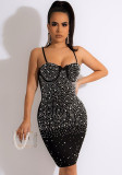 Women Summer Black Sexy Sleeveless Rhinestone Club Dress