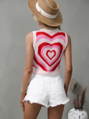 Women Spring Red O-Neck Heart Knit Tank Tops