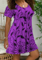 Women Summer Purple Sweet O-Neck Short Sleeves Leaf Print Dress