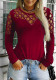 Women Spring Red Sexy O-Neck Long Sleeve Solid Hollow Out T-Shirt