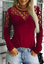 Women Spring Red Sexy O-Neck Long Sleeve Solid Hollow Out T-Shirt