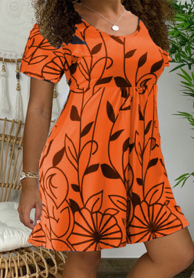 Women Summer Orange Sweet O-Neck Short Sleeves Leaf Print Dress