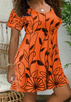 Women Summer Orange Sweet O-Neck Short Sleeves Leaf Print Dress
