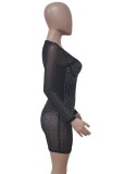 Women Spring Black Sexy O-Neck Long Sleeve Mesh Rhinestone Mini Club Dress