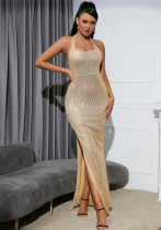 Women Summer Gold Sexy Halter Sleeveless Solid Sequined Slit Evening Dress