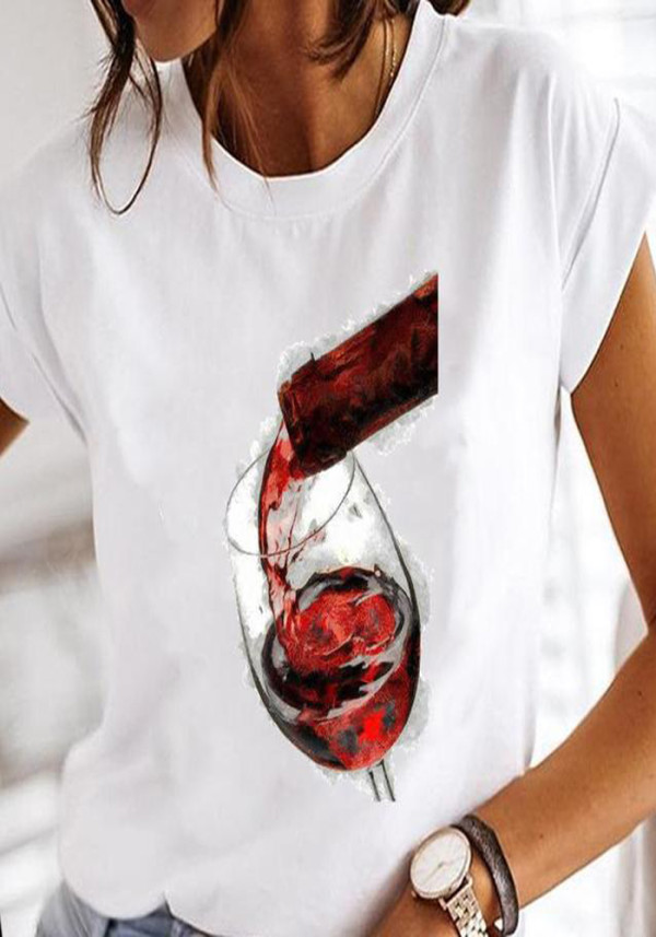 Women Summer White Casual O-Neck Short Sleeves Print T-Shirt