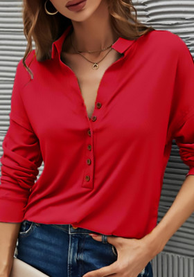 Women Spring Red Formal Turn-down Collar Long Sleeve Solid Shirt