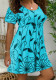 Women Summer LT-Blue Sweet O-Neck Short Sleeves Leaf Print Dress