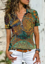 Women Summer Printed Bohemia Turn-down Collar Short Sleeves T-Shirt