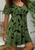 Women Summer Green Sweet O-Neck Short Sleeves Leaf Print Dress