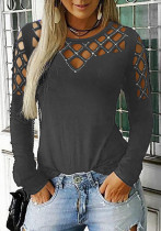 Women Spring Grey Sexy O-Neck Long Sleeve Solid Hollow Out T-Shirt