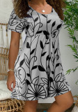 Women Summer Grey Sweet O-Neck Short Sleeves Leaf Print Dress