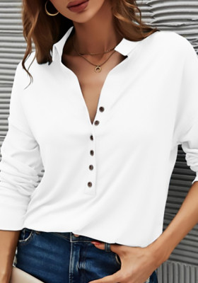 Women Spring White Formal Turn-down Collar Long Sleeve Solid Shirt