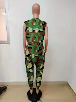 Women Summer Printed Casual Sleeveless Camo Loose Jumpsuit