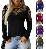 Women Spring Blue Sexy O-Neck Long Sleeve Solid Hollow Out T-Shirt