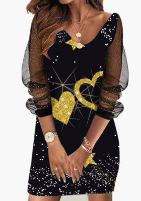 Women Spring Black Romantic V-neck Long Sleeve Heart Print Lace Mini Dress