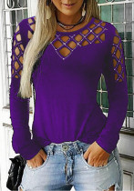 Women Spring Purple Sexy O-Neck Long Sleeve Solid Hollow Out T-Shirt