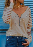 Women Spring Khaki Long Sleeve Striped Print Zippers T-Shirt