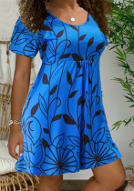 Women Summer Blue Sweet O-Neck Short Sleeves Leaf Print Dress
