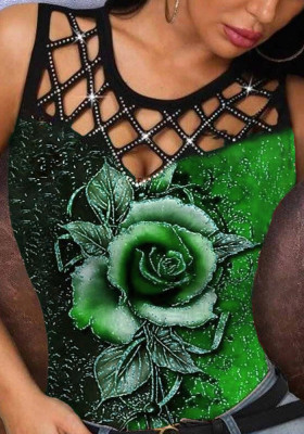 Women Summer Green O-Neck Floral Print Hollow Out Tank Tops