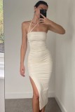 Women Summer White Romantic Halter Solid Slit Pleated Midi Dress