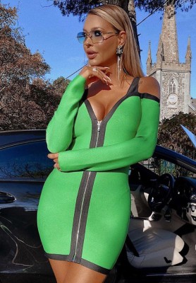 Women Spring Green Modest Strap Wrist Sleeves Zippers Mini Club Dress