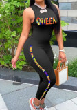 Women Summer Black Sexy O-Neck Sleeveless Letter Print Skinny Jumpsuit