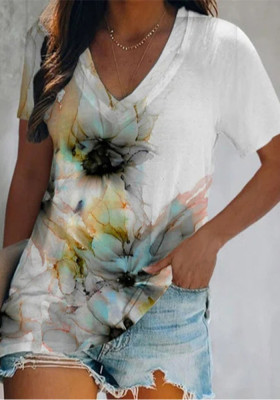 Women Summer Printed Bohemian V-neck Short Sleeves Floral Print T-Shirt