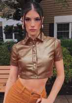 Women Summer Brown Sexy Turn-down Collar Short Sleeves Solid PU Leather Short Crop Top