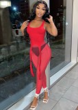 Women Summer Red Sexy Sleeveless High Waist Solid Mesh Skinny Two Piece Pants Set