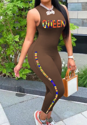 Women Summer Brown Sexy O-Neck Sleeveless Letter Print Skinny Jumpsuit