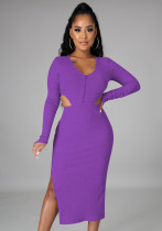 Women Spring Purple Sexy O-Neck Full Sleeves High Waist Solid Ribbed MidiTwo Piece Skirt Set