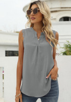 Women Summer Grey Modest O-Neck Sleeveless Patchwork Lace Shirt