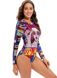 Women Printed High-Leg Round Neck Long Sleeve One Piece Swimsuit