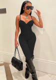Women Summer Black Sexy Strap Solid Skinny Jumpsuit