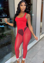 Women Summer Red Sexy Sleeveless High Waist Solid Mesh Skinny Two Piece Pants Set