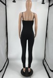 Women Summer Black Sexy Strap Solid Skinny Jumpsuit