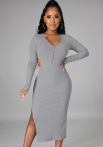 Women Spring Grey Formal O-Neck Full Sleeves High Waist Solid Ribbed MidiTwo Piece Skirt Set