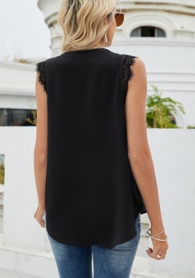 Women Summer Black Modest O-Neck Sleeveless Patchwork Lace Shirt