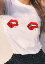 Women Summer White Cute O-Neck Short Sleeves Printed T-Shirt