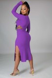 Women Spring Purple Sexy O-Neck Full Sleeves High Waist Solid Ribbed MidiTwo Piece Skirt Set