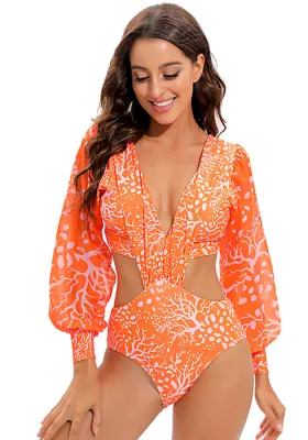 Women Printed High-Leg V-Neck Long Sleeve One Piece Swimsuit