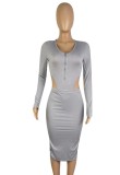 Women Spring Grey Formal O-Neck Full Sleeves High Waist Solid Ribbed MidiTwo Piece Skirt Set