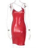 Women Summer Red Sexy Strap Solid PU Leather Mini Club Dress