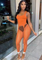 Women Summer Orange Sexy Sleeveless High Waist Solid Mesh Skinny Two Piece Pants Set