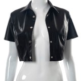 Women Summer Black Sexy Turn-down Collar Short Sleeves Solid PU Leather Short Crop Top